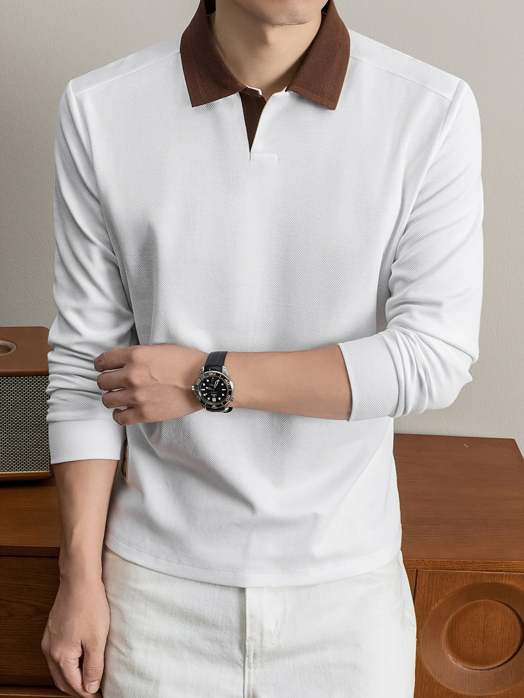 2026 Autumn Men'S Long Sleeve T-Shirt Casual Solid Color Seagull Collar Lapel POLO Shirt - White