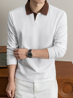 2026 Autumn Men'S Long Sleeve T-Shirt Casual Solid Color Seagull Collar Lapel POLO Shirt - White