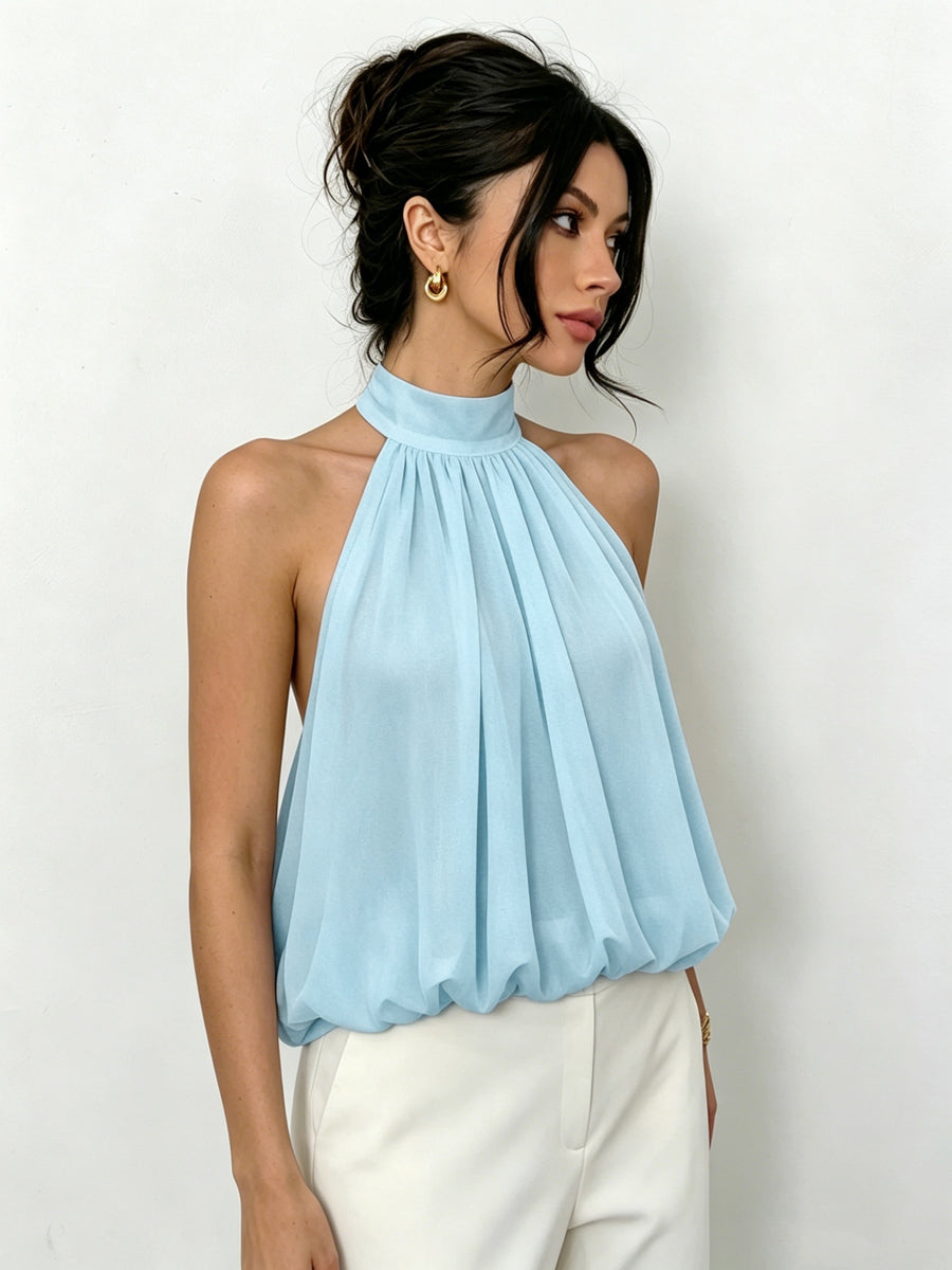 Women's Elegant Halter Neck Tie-Back Semi-Sheer Lightweight Top - Light Blue