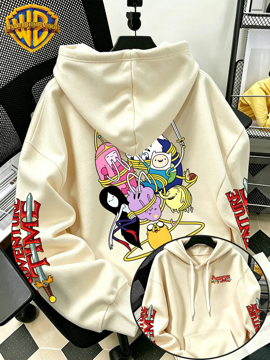 Adventure Time Full Character Wrap Group Cartoon Pattern Print Hooded Sweatshirt - Men'S Casual All-Match Pullover, Comfortable Autumn/Winter Wear, for Sports, Outdoors, Picnics, Travel, Daily/Commute/Home Choice - Apricot