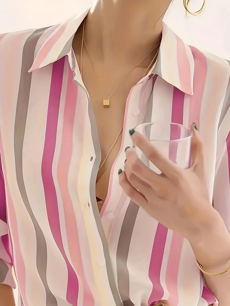 Women'S Casual Striped Shirt, Button-Up Design, Made Of, Suitable for Spring, Summer, And Autumn Casual Or Formal Wear | Classic Lapel Fashion Button-Up, Elegant Women'S Shirt, Beautiful Women'S Shirt, Autumn Women'S Top Trend, Women'S Clothing - Rose Red