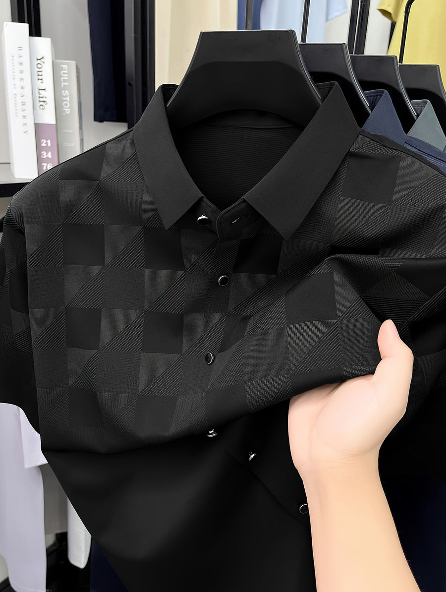 Men's Jacquard Polo Shirt with Subtle Texture, Summer Short Sleeve Tee with Mulberry Silky, Seamless, Business Casual Versatile Top with Lapel Collar - Black