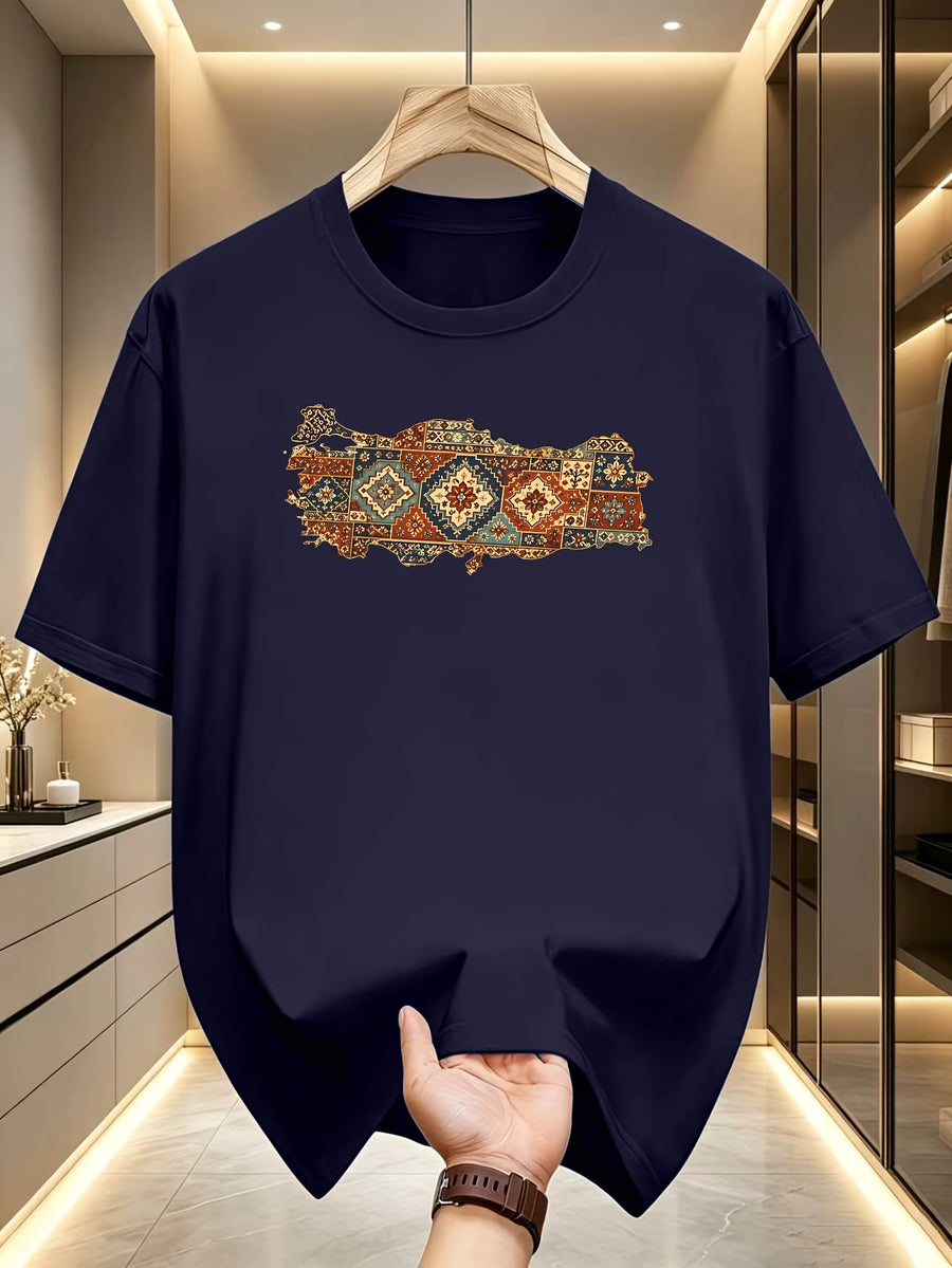 New Pure Cotton Retro Mens Tshirt with National Geometric Carpet Pattern Comfortable and Soft Home Clothes Suitable for Daily Wear and Home Office Clothing Suitable for All Seasons - Navy Color