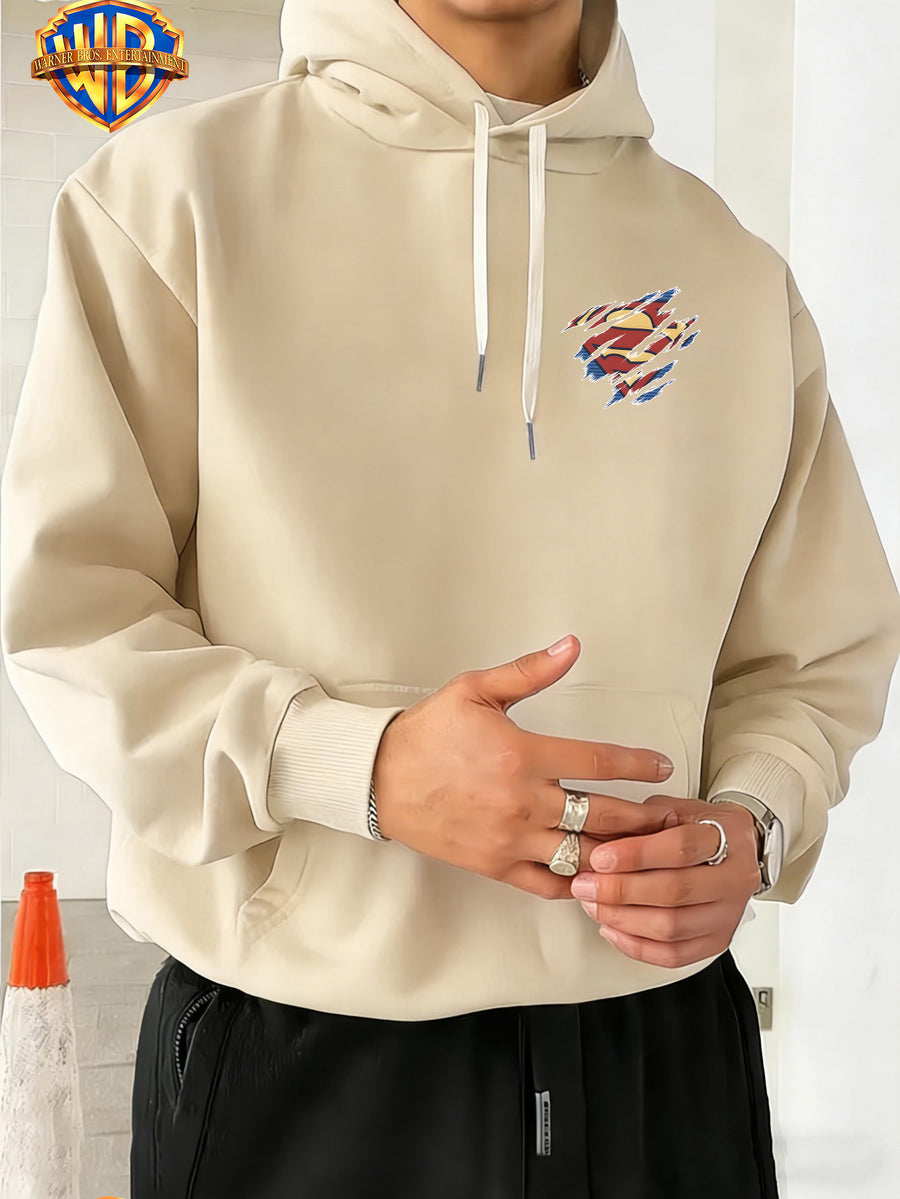 Warner Bros. DC Superhero Group Pose Multi-Character Collaboration Hot-Blooded Comic Style Cool Print Men's Fashion Hooded Sweatshirt, Sleeve Print Design, Kangaroo Pocket, Drawstring Hood, Suitable for Daily Wear and Outdoor Sports, an Excellent - Apricot