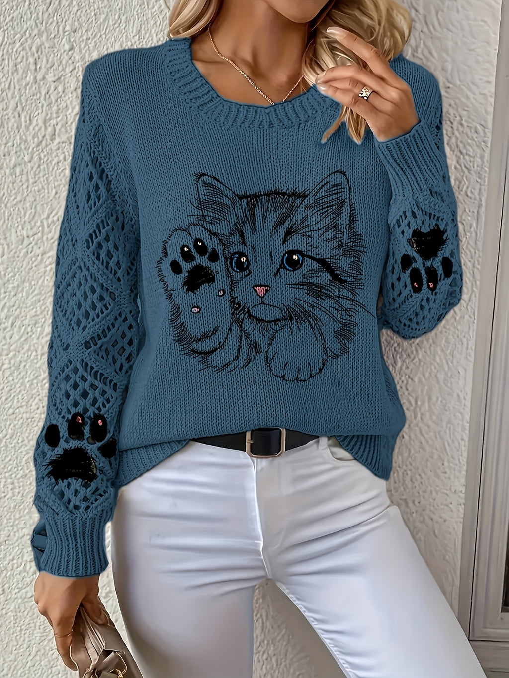 Vintage Cat Paw Print Hollow-Out Long Sleeve Round Neck Sweater, Casual Lazy Style Sweater Top. Non-shrink, Colorfast, Moderate Thickness Sweater. Suitable for All Seasons as Outerwear or Innerwear, Casual Outings, Home Office. Fashionable and - Navy Color
