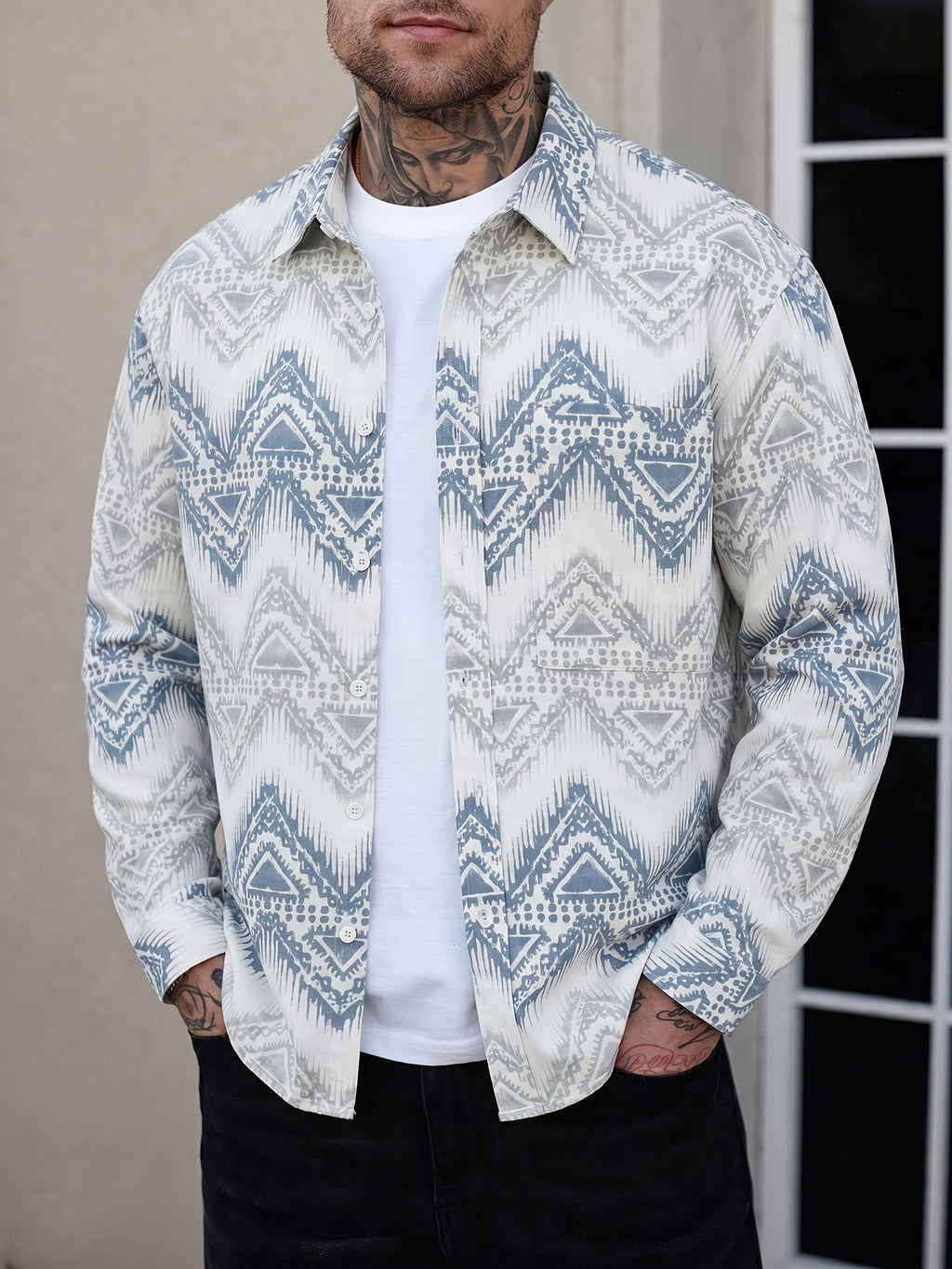 2026 Autumn New Men'S Retro Tribal Jacquard Print Long Sleeve Button-Up Shirt, Lightweight Loose Casual Top, Perfect for Halloween Parties, Thanksgiving Family Gatherings, Christmas Holiday Travel, And Casual Wear - Light Blue