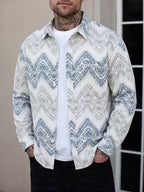 2026 Autumn New Men'S Retro Tribal Jacquard Print Long Sleeve Button-Up Shirt, Lightweight Loose Casual Top, Perfect for Halloween Parties, Thanksgiving Family Gatherings, Christmas Holiday Travel, And Casual Wear - Light Blue
