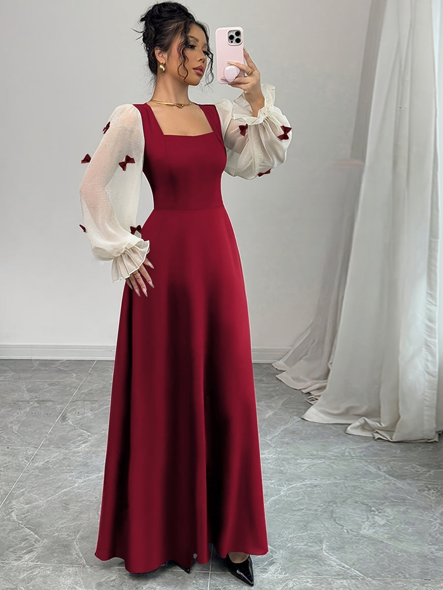 Elegant Long-Sleeve Maxi Dress with a Solid Color Bow Decoration for Valentine'S Day Party - Burgundy