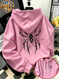 [Warner Bros. Official] Autumn/Winter Streetwear Fashion Men's Drawstring Pocket Hooded Sweatshirt, Dark Gothic Thorn & Cobweb Street Style Cool Print Design, Sporty Loose Fit Hoodie, for Daily Casual Wear, Men's Trendy Fashion, Suitable for Home - Pink Color