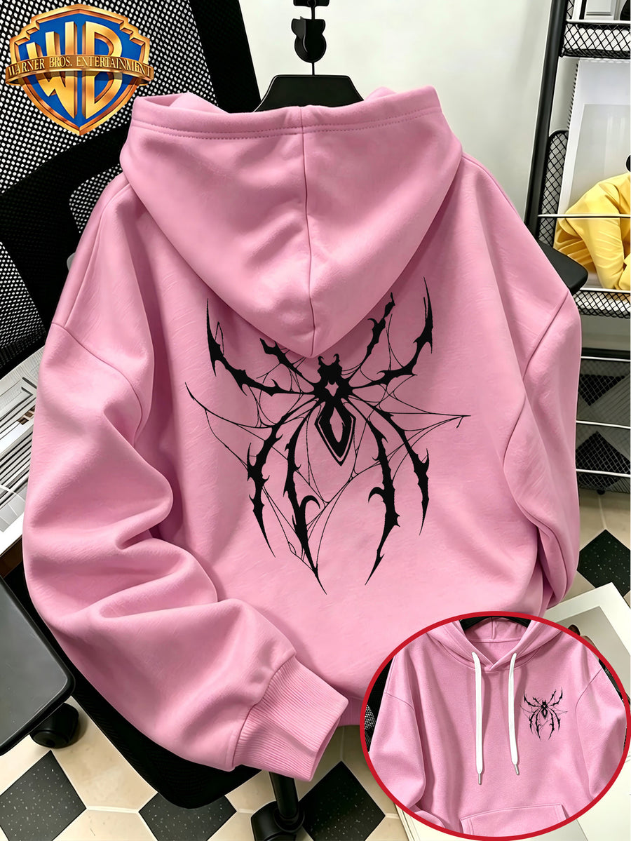 [Warner Bros. Official] Autumn/Winter Streetwear Fashion Men's Drawstring Pocket Hooded Sweatshirt, Dark Gothic Thorn & Cobweb Street Style Cool Print Design, Sporty Loose Fit Hoodie, for Daily Casual Wear, Men's Trendy Fashion, Suitable for Home - Pink Color