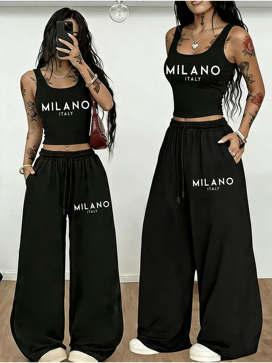 Ladies Black Sleeveless Short Vest Set Milano City Letter Print Top + High-Waisted Loose Pants European And American Hot Style Women'S Clothing - Black