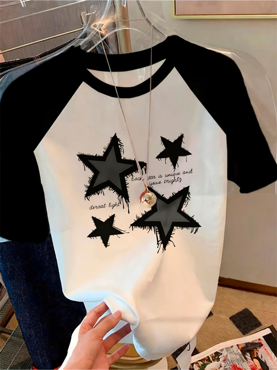 Generic Y2K Aesthetic Star Graphic Tee Women'S Retro Raglan Sleeve T-Shirt Grunge Streetwear Loose Fit Crewneck Short Sleeve Top - White