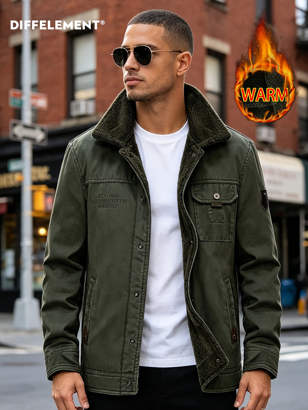 DIFFELEMENT Retro Workwear Style Fleece Thickened Men'S Lapel Work Jacket Lamb Fleece Fleece Lining Single Button Front Closure Cold-Proof Coat Chest Flap Patch Pocket Side Patch Pocket Warm And Cold-Resistant Wearable in Cold Weather Daily And Outd - Military Green