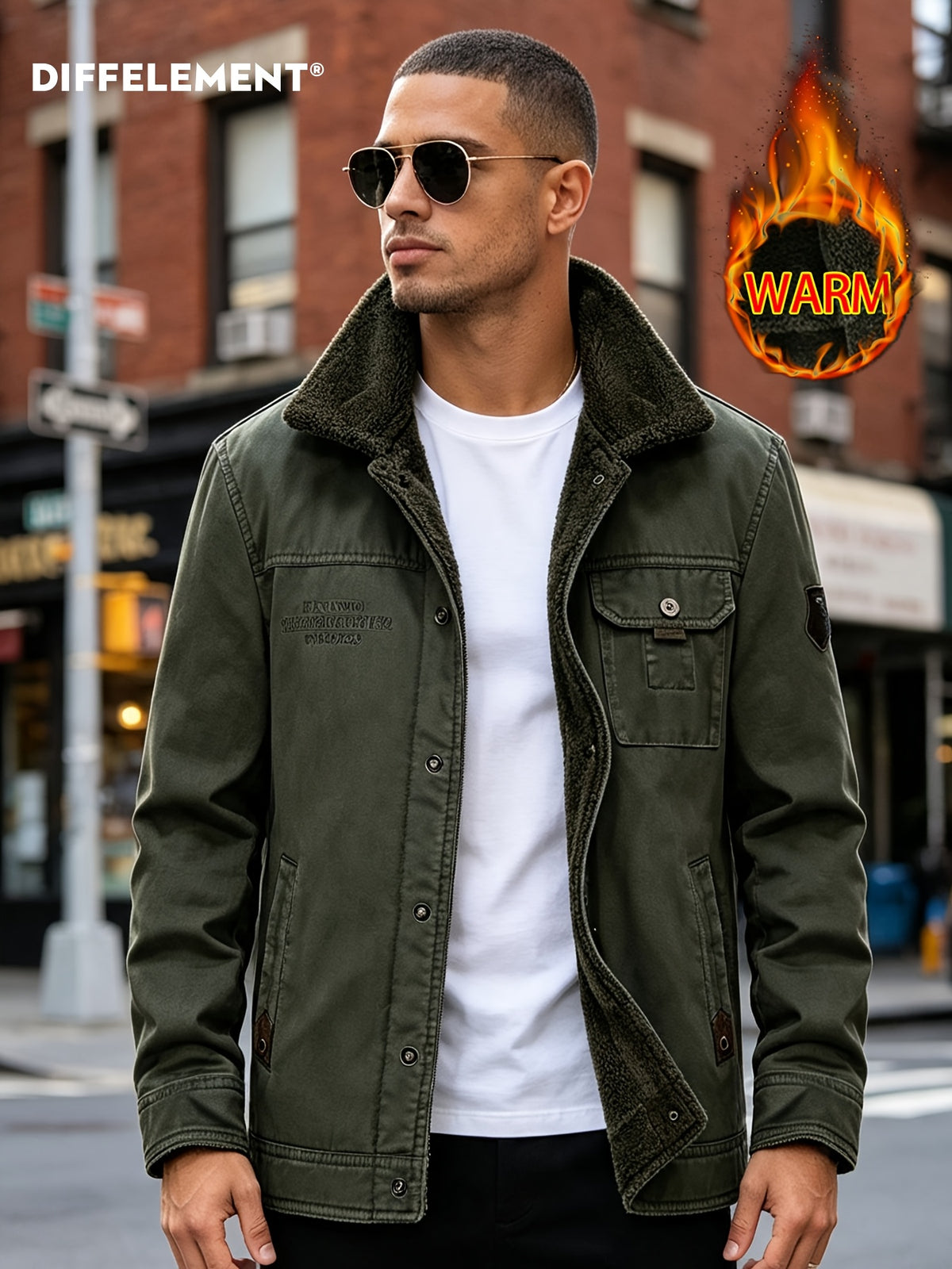 DIFFELEMENT Retro Workwear Style Fleece Thickened Men'S Lapel Work Jacket Lamb Fleece Fleece Lining Single Button Front Closure Cold-Proof Coat Chest Flap Patch Pocket Side Patch Pocket Warm And Cold-Resistant Wearable in Cold Weather Daily And Outd - Military Green