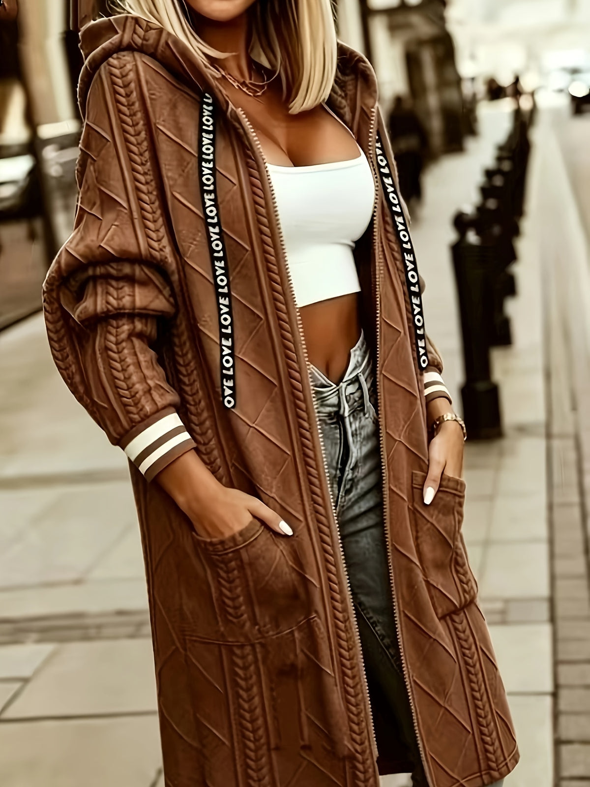Plus Size, Women'S Long Pocket Hooded Jacket. Zipper, Ruffled Cuffs And Panel Detailing. Fabric - Light Brown-1