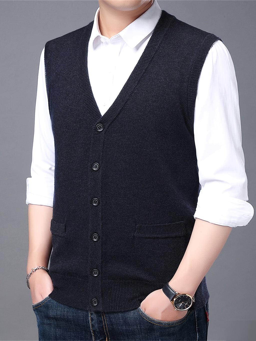 Autumn Winter Men'S Knit Cardigan Vest Men'S Casual Solid Color Pocketed Knit Vest Men'S V-Neck Open Front Sleeveless Sweater - Graphite Color