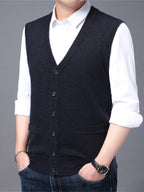 Autumn Winter Men'S Knit Cardigan Vest Men'S Casual Solid Color Pocketed Knit Vest Men'S V-Neck Open Front Sleeveless Sweater - Graphite Color