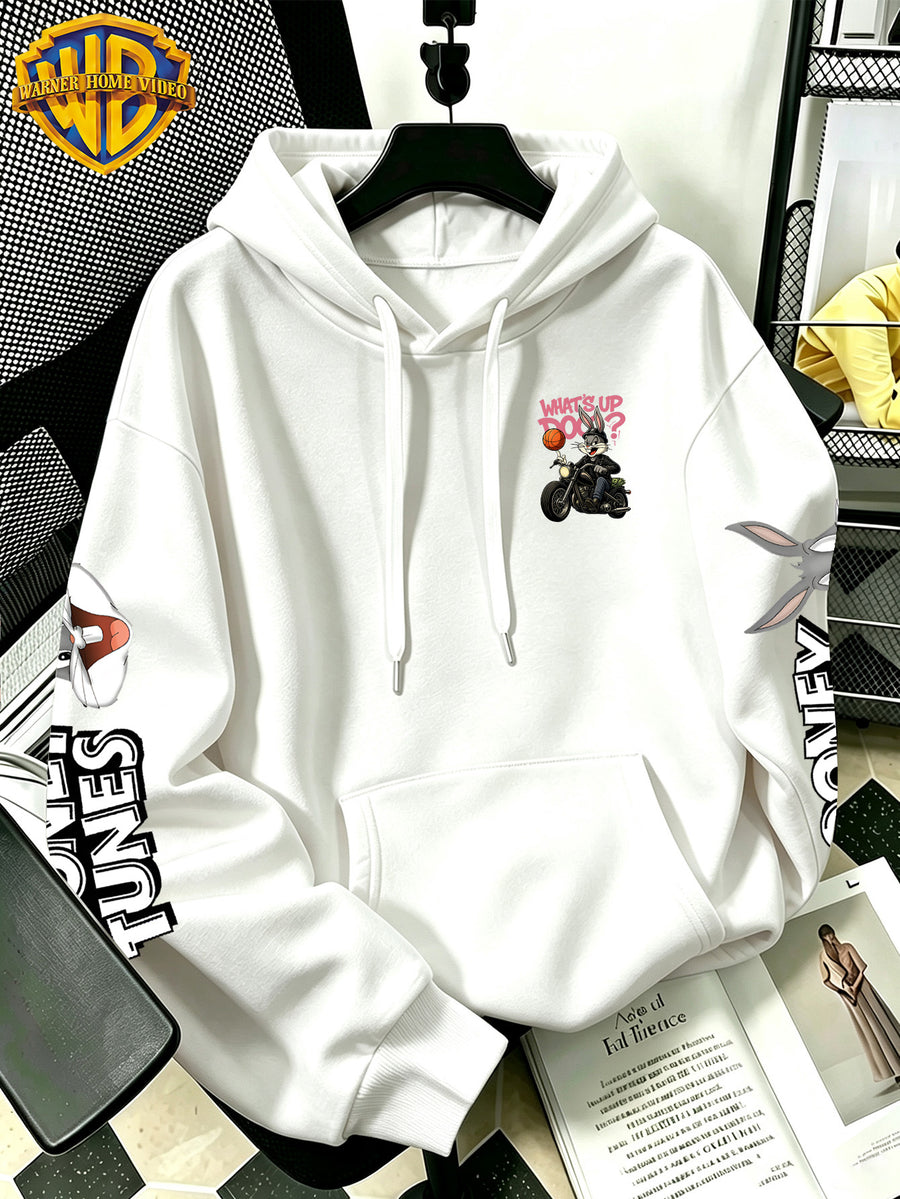 [Warner Bros] Licensed Men'S New Trendy Hoodie, Biker Motorcycle Basketball Street Cartoon Print Casual Pullover Sweatshirt, Everyday Drawstring Loose Top, Machine Washable All-Match Sports Casual Men'S Top - White