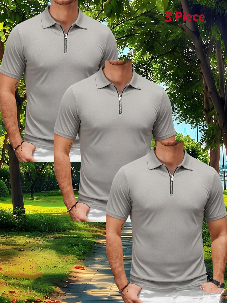 Three-pc Men's Sporty Outdoor Casual Lapel Solid Color Breathable Polo Shirts for High-End Occasions - Light Gray Three Pieces