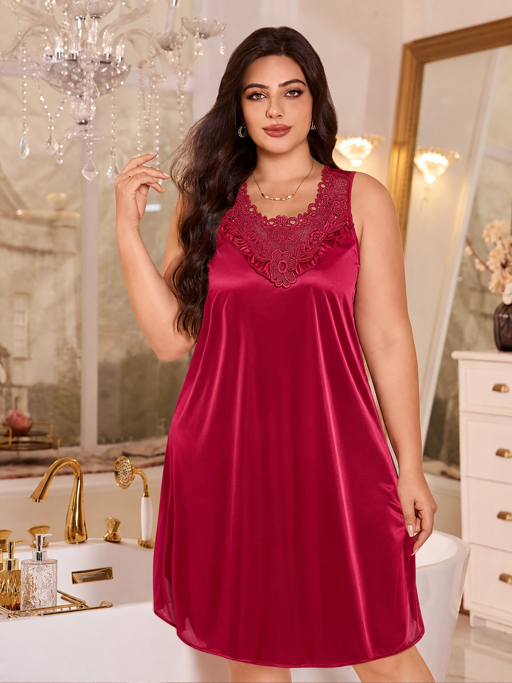 New Spring Summer Plus Size Women'S Sexy Home Nightgown Loose Breathable Outwear - Red