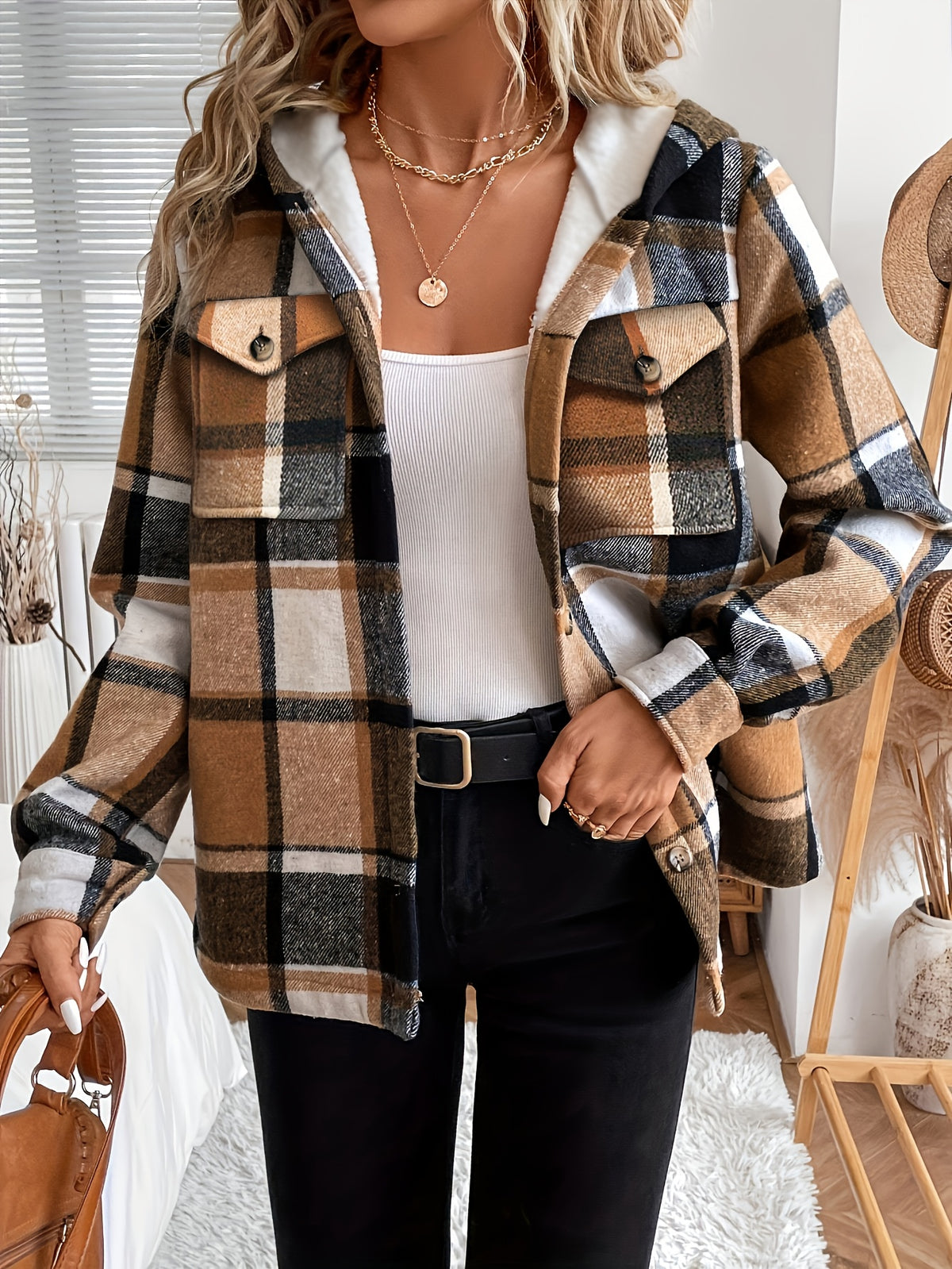 Women'S Casual Plaid Fleece Lined Hooded Regular Jacket, Napped Plaid Fleece-Lined Women'S Top, Hooded Shirt - Khaki
