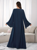 1pc Slim-fit Stretch Abaya Sleeve Front Zipper A-line AbayaElegant Flowing Muslim Robe Convenient Daily Islamic Women's WearStretch Sleeve Front Zipper AbayaSuitable for Daily Commuting, Gatherings with Family Friends, and Islamic Festive Occasions - Navy Color