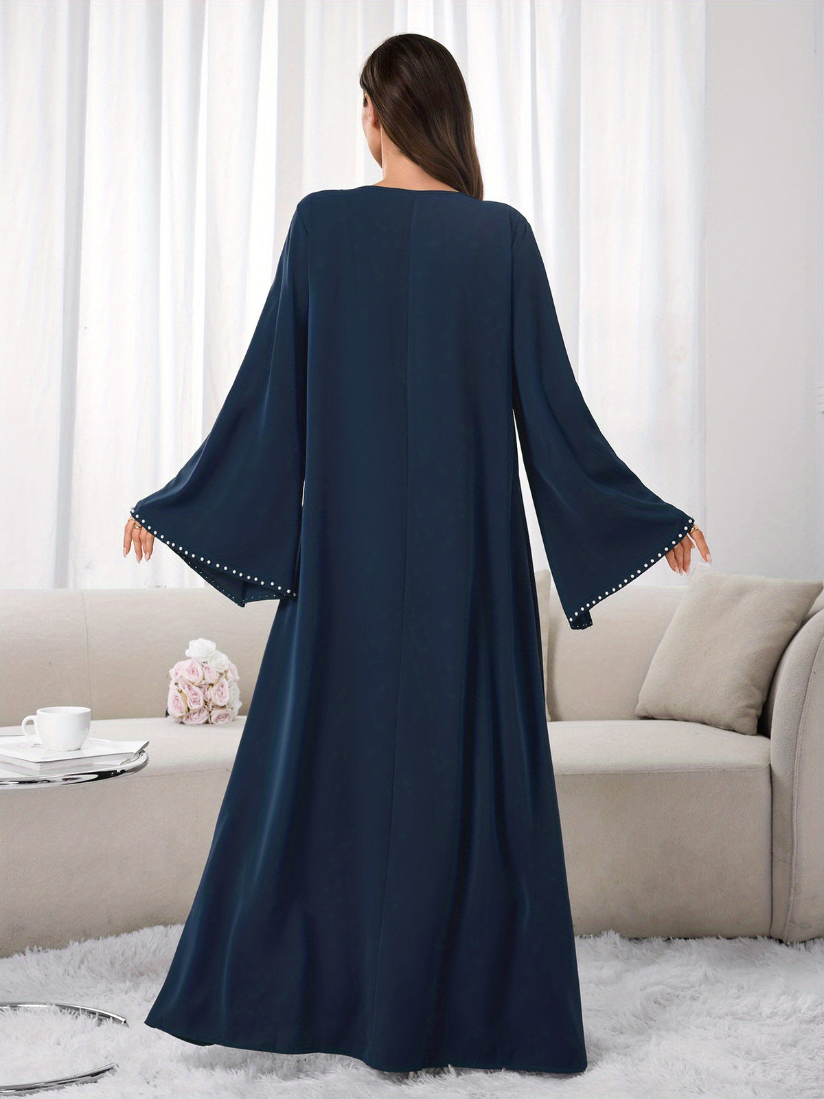 1pc Slim-fit Stretch Abaya Sleeve Front Zipper A-line AbayaElegant Flowing Muslim Robe Convenient Daily Islamic Women's WearStretch Sleeve Front Zipper AbayaSuitable for Daily Commuting, Gatherings with Family Friends, and Islamic Festive Occasions - Navy Color