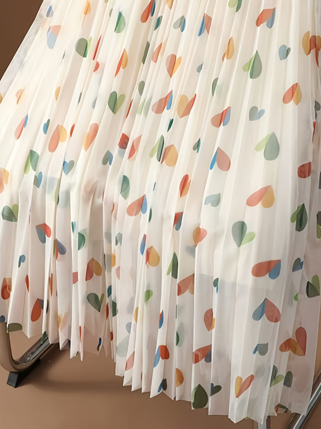 New High-Waisted Pleated Tulle Skirt with Peach Heart Print, A-Line Midi Skirt with Flared Hem - Beige