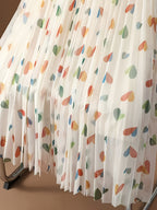New High-Waisted Pleated Tulle Skirt with Peach Heart Print, A-Line Midi Skirt with Flared Hem - Beige