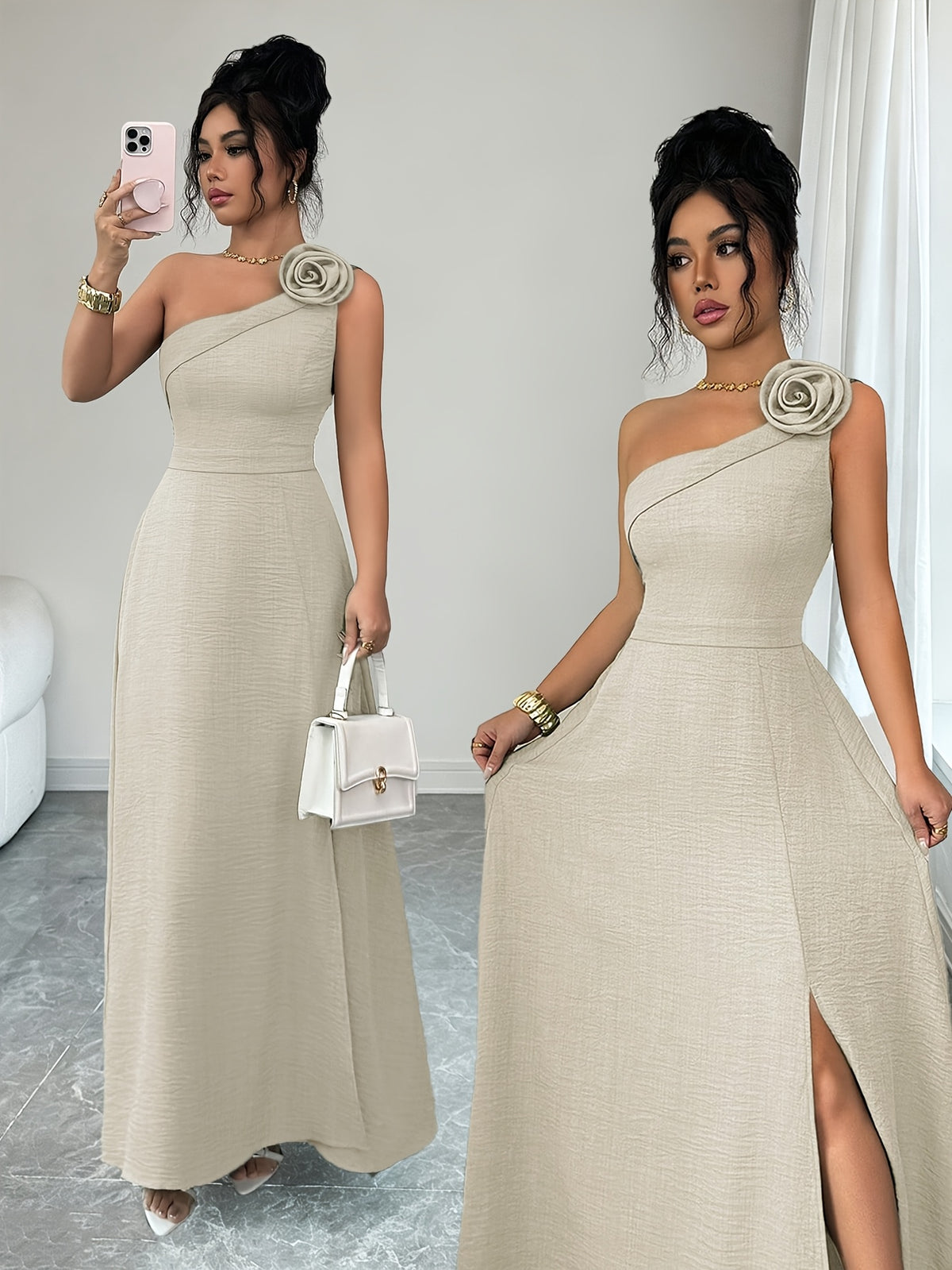 New Summer Women's Off-Shoulder Rose-Embellished Long Dress with Waist-Defining Slit, Elegant One-Shoulder Design, Mature Style for Dates and Banquets - Apricot