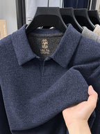 Men's Solid Color Long-Sleeve Polo Knit Shirt, Soft and Skin-Friendly Blended Yarn Polo Shirt, Semi-Open Collar for Easy Wear and Universal Fit, Suitable for Daily Commuting, Visiting Friends and Family, Casual Loose-Fit Long-Sleeve T-Shirt - Blue