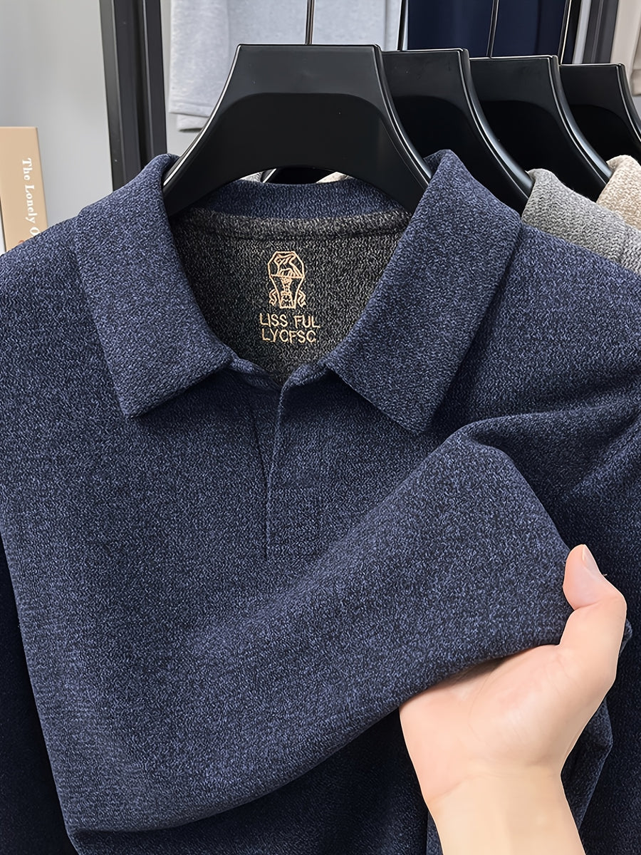 Men's Solid Color Long-Sleeve Polo Knit Shirt, Soft and Skin-Friendly Blended Yarn Polo Shirt, Semi-Open Collar for Easy Wear and Universal Fit, Suitable for Daily Commuting, Visiting Friends and Family, Casual Loose-Fit Long-Sleeve T-Shirt - Blue