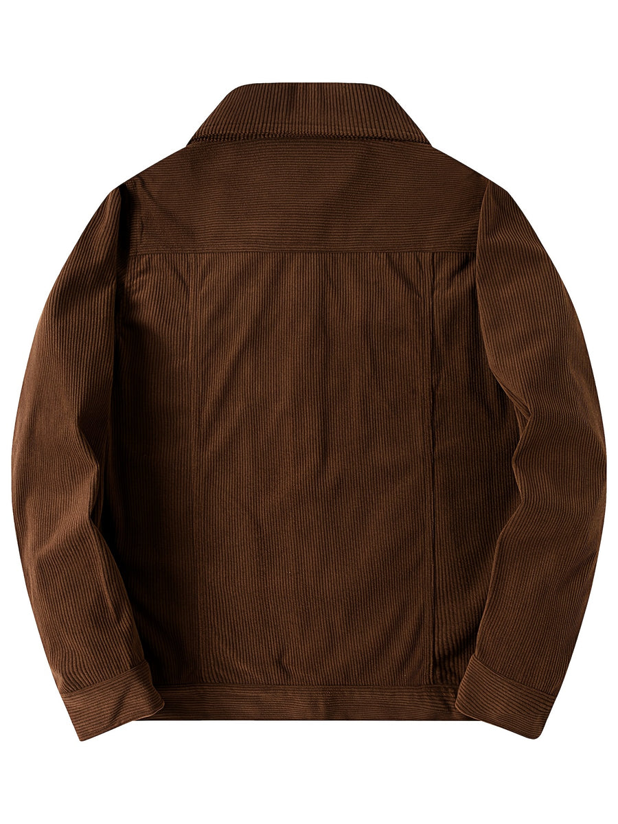 Men's Casual Long-Sleeve Shirt, Autumn/Winter Loose Fit Simple Solid Color Corduroy Layering Flannel Shirt, Vintage Style Top - Coffee Color