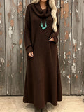 Plus Size, MVQH Women's Plus Size Vintage Slouchy Collar Dress - Oversized Loose Fit Dress with Stack Neck, Soft Warm Long Dress Suitable for Daily Commuting,, Office, Machine Washable Winter Dress - Brown