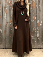 Plus Size, MVQH Women's Plus Size Vintage Slouchy Collar Dress - Oversized Loose Fit Dress with Stack Neck, Soft Warm Long Dress Suitable for Daily Commuting,, Office, Machine Washable Winter Dress - Brown