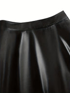 52315# Autumn And Winter Faux Leather Skirt High Waist Pleated Skirt - Black