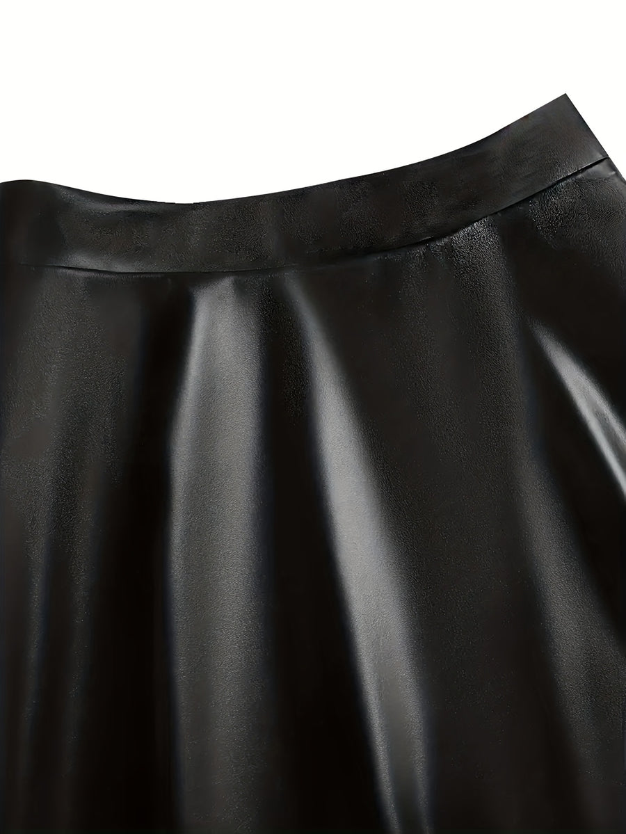 52315# Autumn And Winter Faux Leather Skirt High Waist Pleated Skirt - Black