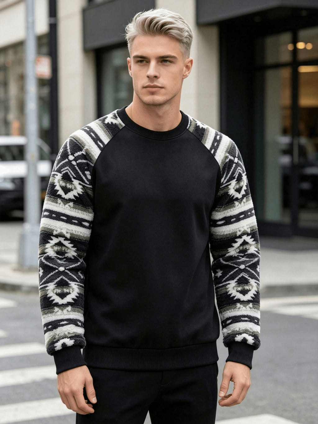 Men'S Autumn Winter Round Neck Plush Sweatshirt, Drop Shoulder Plush Sweatshirt, Fashionable Color-Block Patchwork And Solid Color Design, Wrinkle-Resistant Soft Knit Material, Very Practical. Suitable for Students' Daily Wear on Campus, Outings - Black