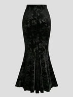 Elegant Velvet Three-Dimensional Rose Embossed Mermaid Skirt, Baita Fashion Dress - Black