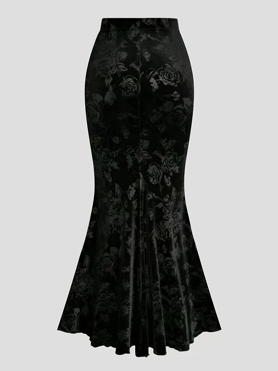 Elegant Velvet Three-Dimensional Rose Embossed Mermaid Skirt, Baita Fashion Dress - Black