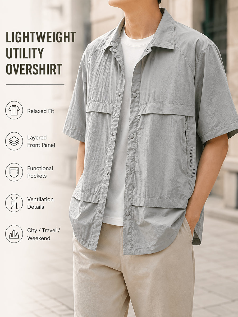 Men's Lightweight Functional Style Short-Sleeve Shirt Jacket with Snap Button Closure and Lapel Collar, Breathable Fabric, Loose and Comfortable, Not Stuffy, Suitable for Urban Commuting, Travel, Outings, Weekend Leisure, and Multiple Scenarios - Cement Ash