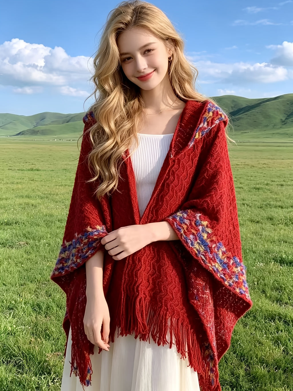 Women'S Cardigan - Autumn/Winter New Bohemian Ethnic Style Wavy Fringe Hooded Multicolor Jacket, Summer Women'S High-End Elegant Temperament Air-Conditioned Room Casual All-Match Cape Scarf, Suitable for Travel, Vacation, Photoshoot, Casual Wear - Burgundy