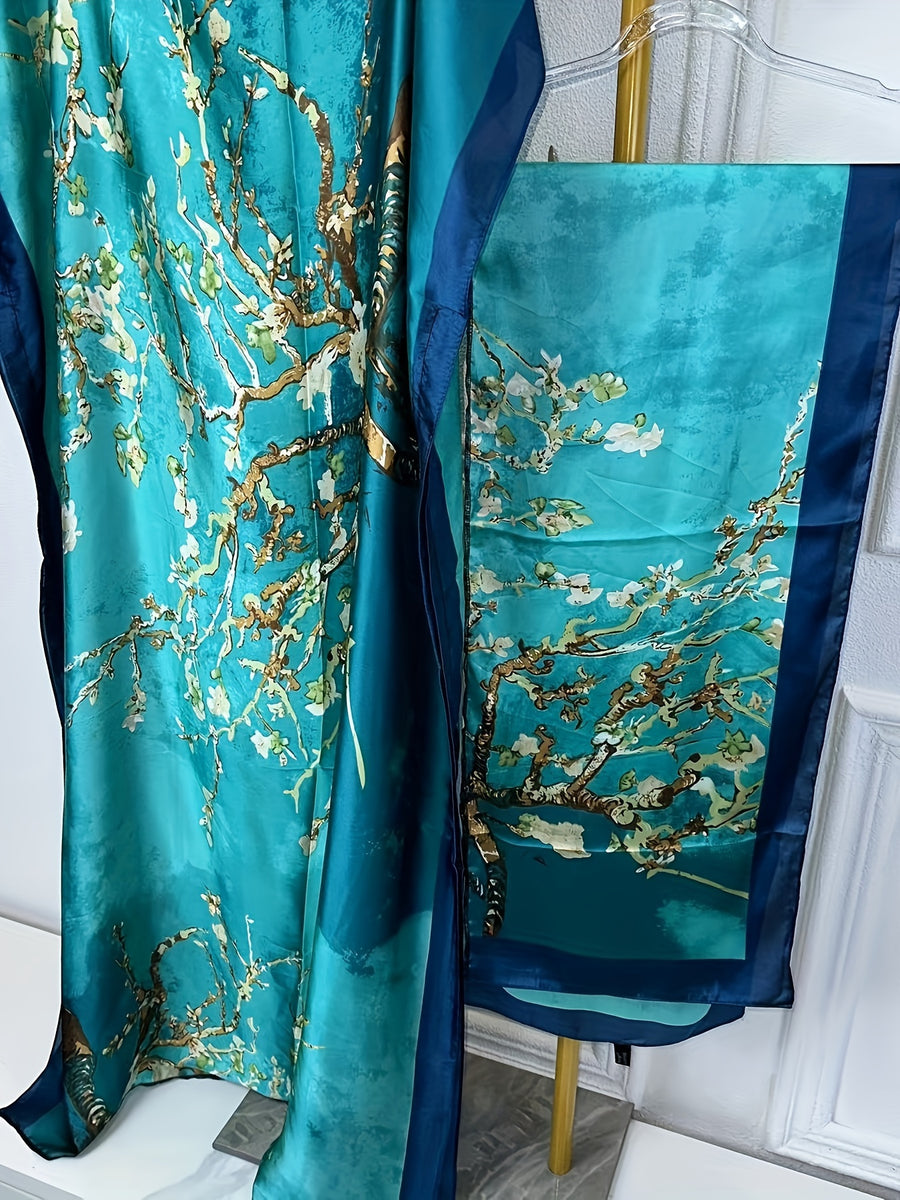 Tree Print Round Neck Long Dress, Elegant Batwing Sleeve Loose Fit Long Dress with Headscarf, Women's Fashion - Malachite Green