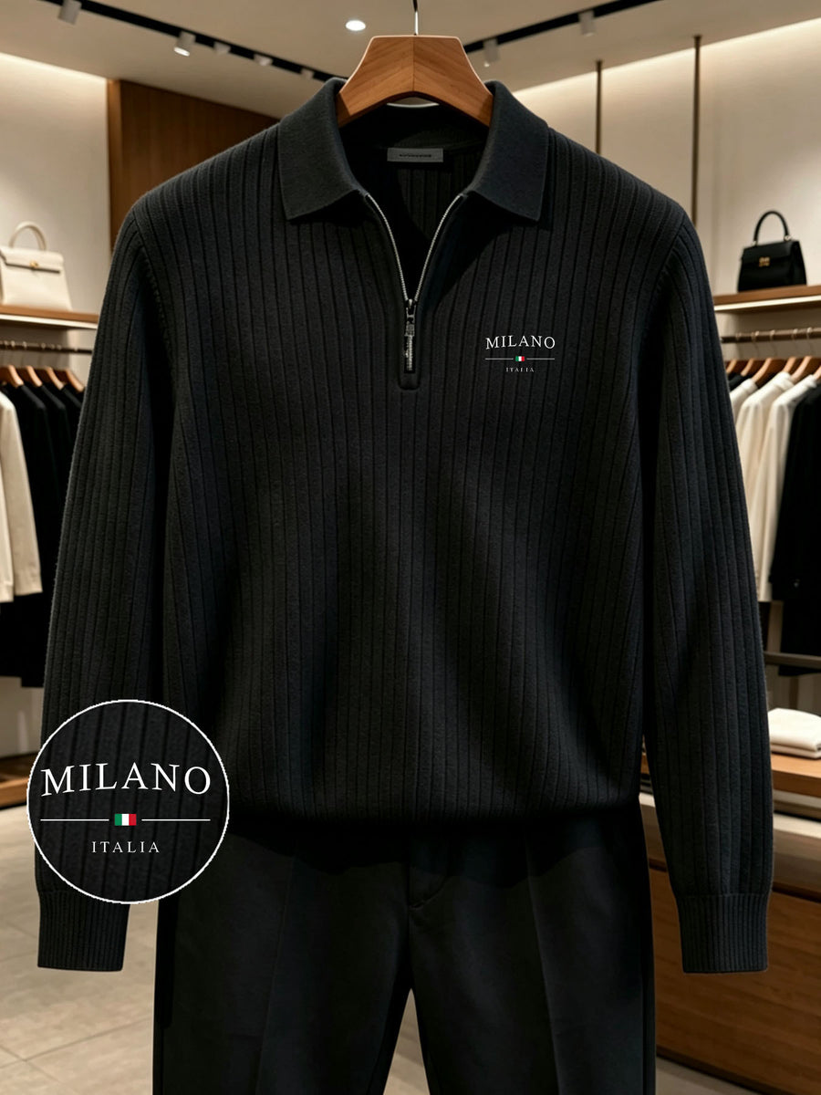 Men'S Half-Zip Lapel Long Sleeve Polo with Vertical Pique Texture, MILANO Milan Letter Print Light Casual Business Sweater, Soft And Machine Washable, Knit - Black
