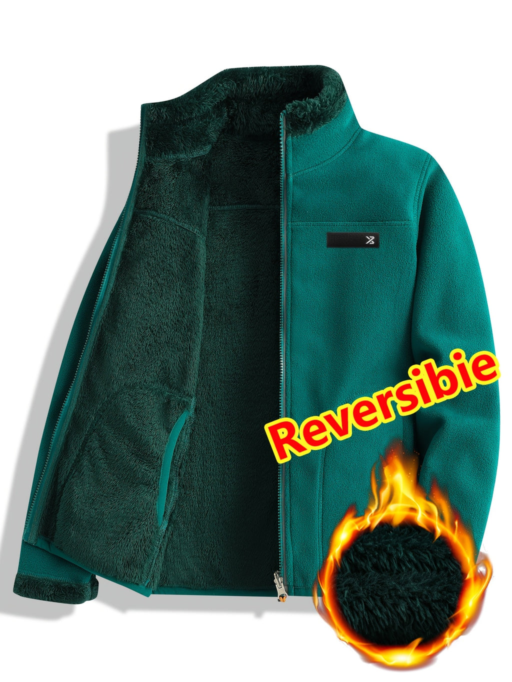 Women's Spring Casual Jacket, Thickened Shaggy Warm Printed Reversible Coral Sweatshirt, Double-Sided Outerwear - Emerald Green