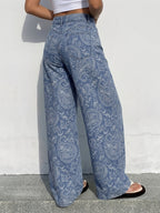 American Blue Printed Denim Wide-Leg Pants Women'S High-Waist Casual Loose Straight Long Trousers - Blue