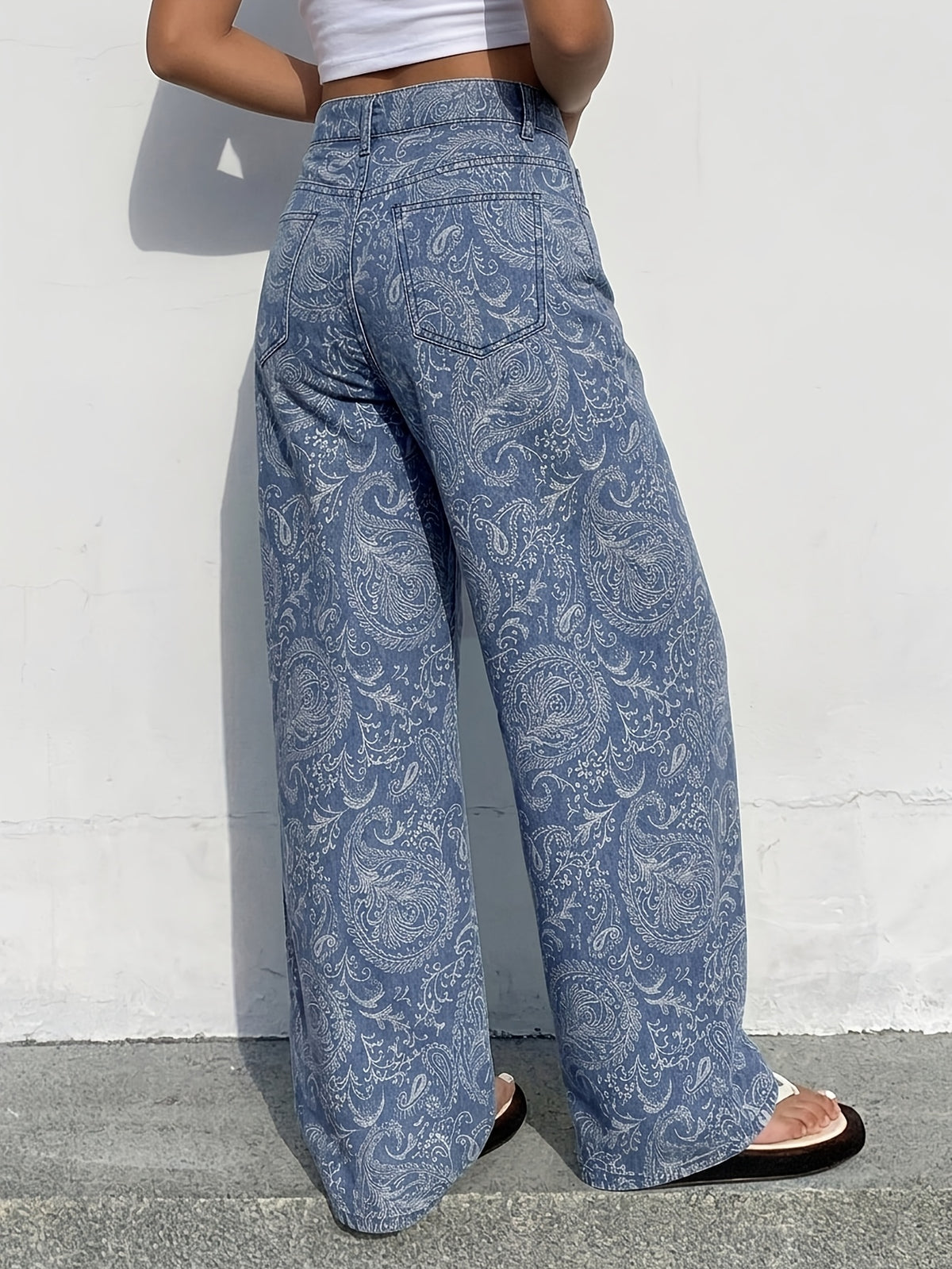American Blue Printed Denim Wide-Leg Pants Women'S High-Waist Casual Loose Straight Long Trousers - Blue