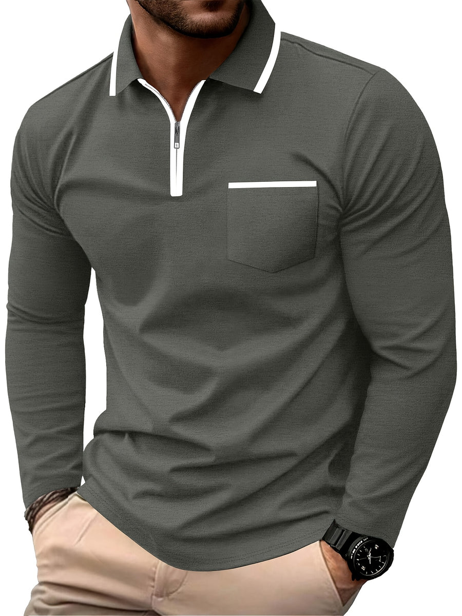 Autumn Cross-Border American Men'S Long Sleeve Polo Shirt Men'S Base Layer Contrast Top - Dark Gray