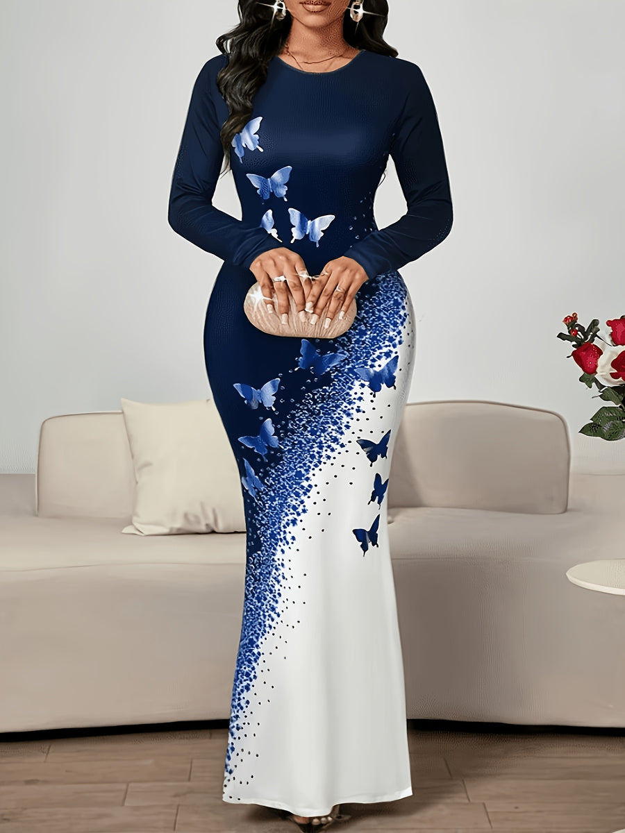 Women's Printed Elegant Round Neck Long Sleeve Dress - Navy Color