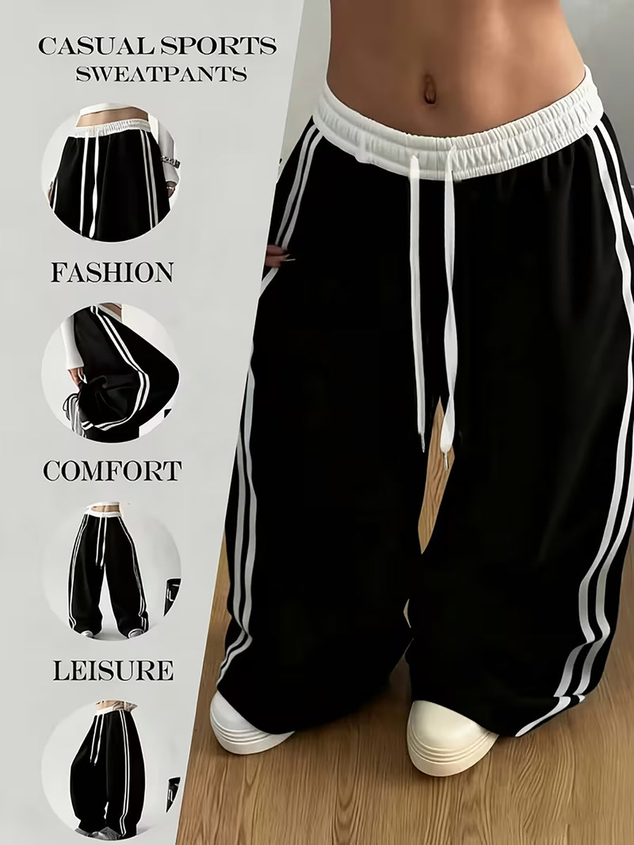 Street-style Color-block Striped Elastic Waistband Sweatpants, Loose-fitting, Figure-flattering, Drapey, and Relaxed-style Wide-leg Casual Trousers - Black